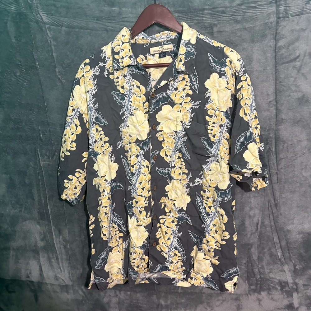 Tommy Bahama Shirt Mens Large Short Sleeve Button Down Silk Yellow Black